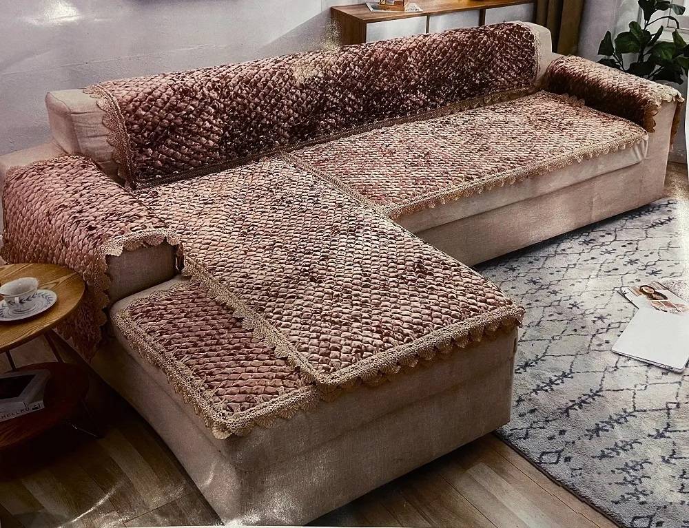 Комплект накидок на диван с кружевом 70х150 см - 2 шт. 70х210 см - 1 шт.2111-04 коричневый
